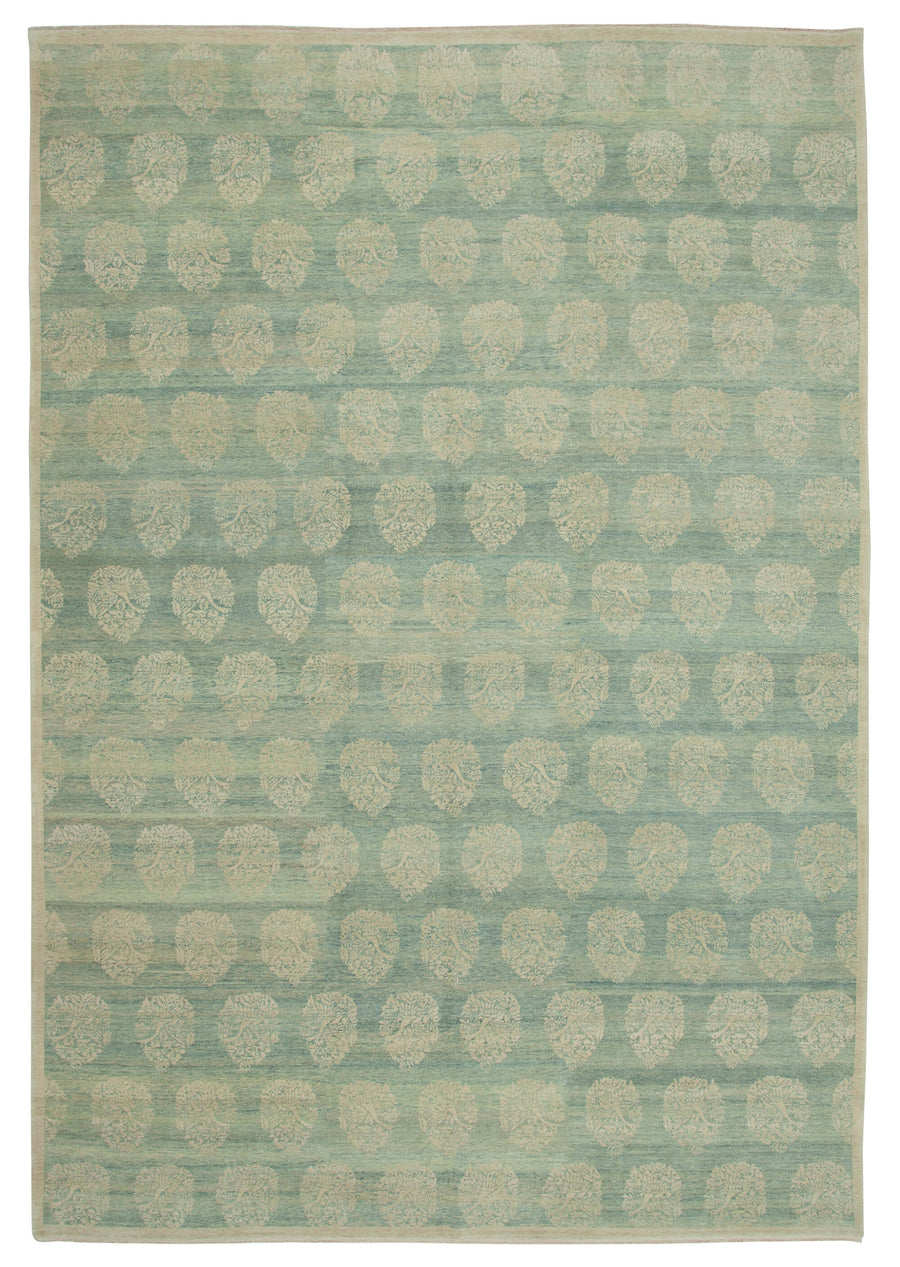 Alfombra Uşak tejida a mano Vamave, turquesa y beige, con motivos geométricos 301x435 cm