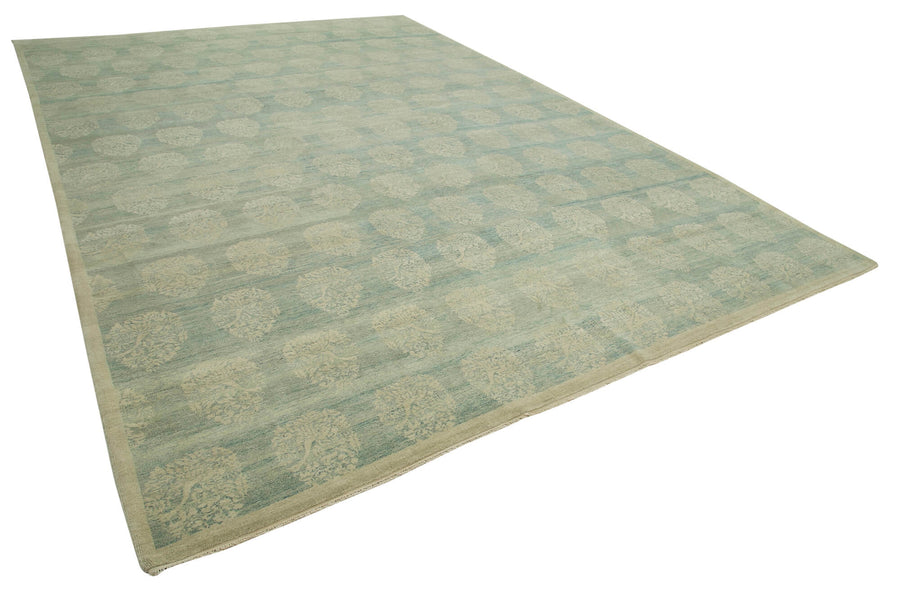 Alfombra Uşak tejida a mano Vamave, turquesa y beige, con motivos geométricos 301x435 cm – vista general