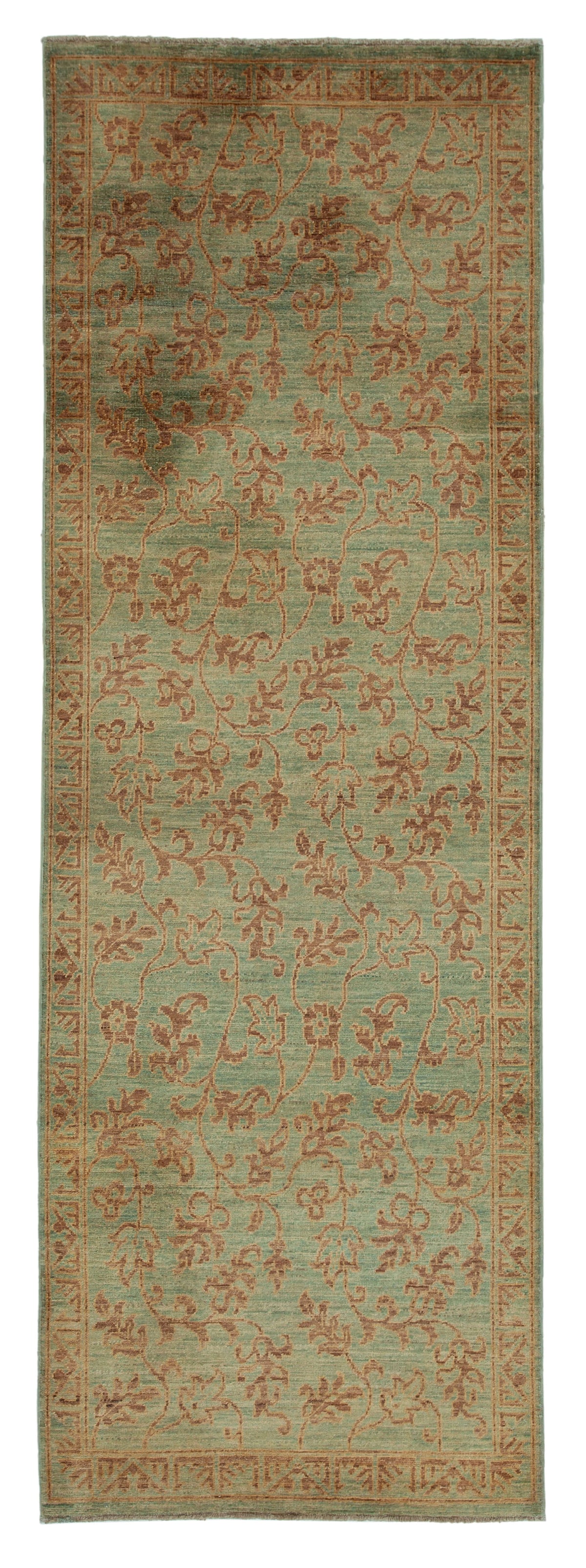 Kirzo Turkuaz Kahverengi Çiçek Desenli Klasik El Dokuma Halı 90x256 cm