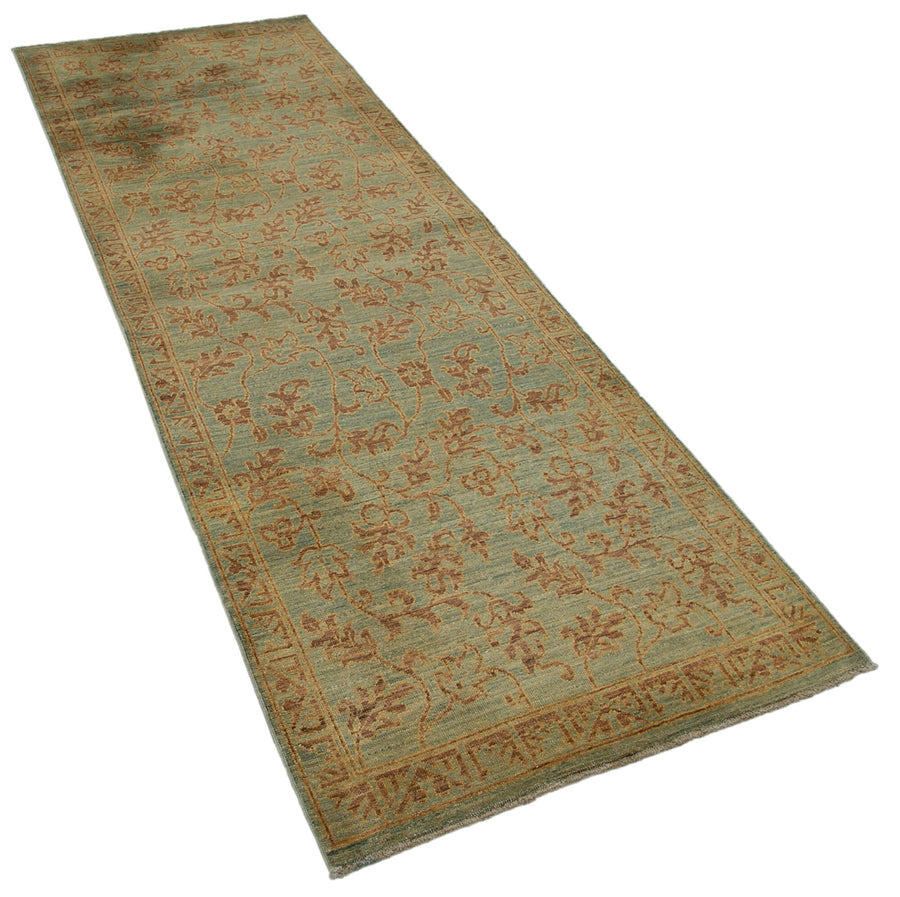 Kirzo Turkuaz Kahverengi Çiçek Desenli Klasik El Dokuma Halı 90x256 cm – genel görünüm