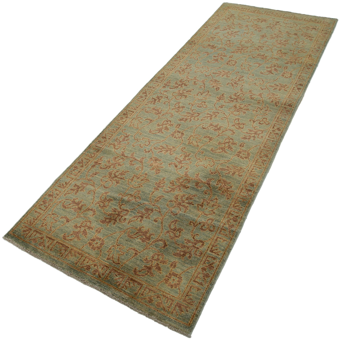 Kirzo Turkuaz Kahverengi Çiçek Desenli Klasik El Dokuma Halı 90x256 cm – doku yakın çekim