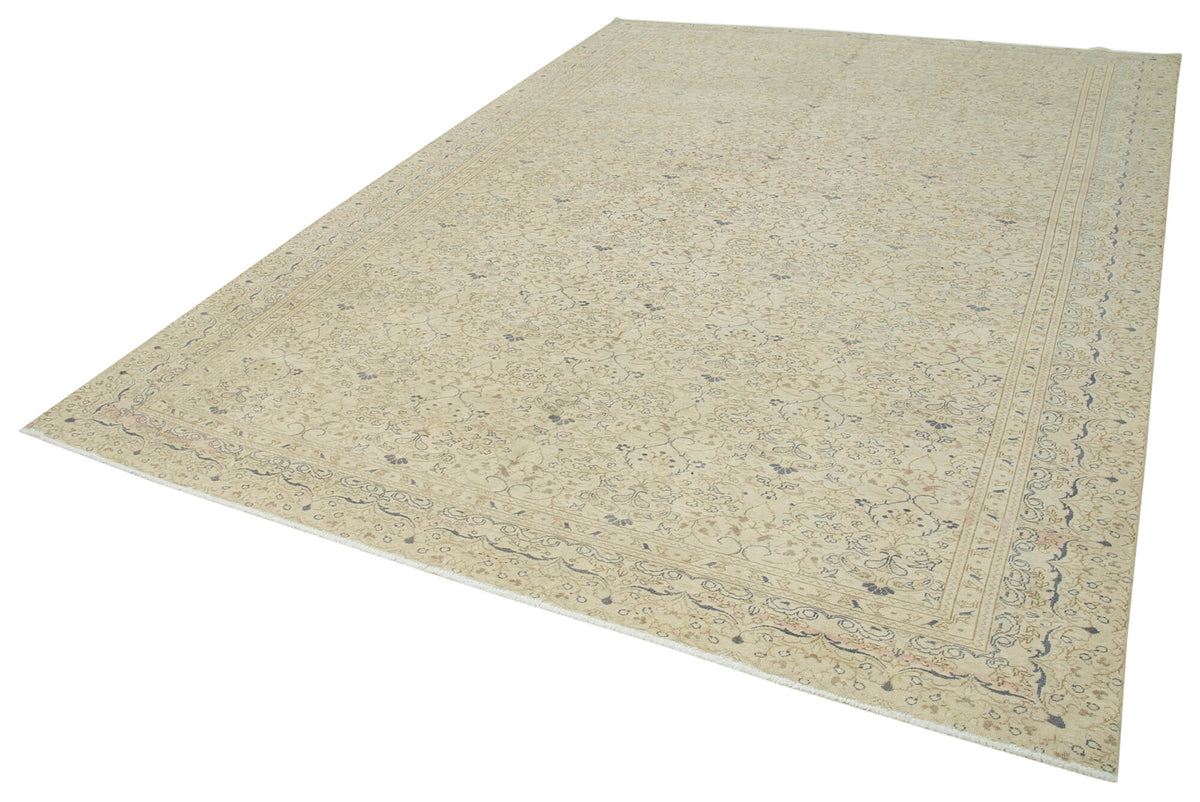 Fluva Bej Çiçek Desenli Lacivert Bordürlü El Dokuma Halı 250x347 cm – doku yakın çekim