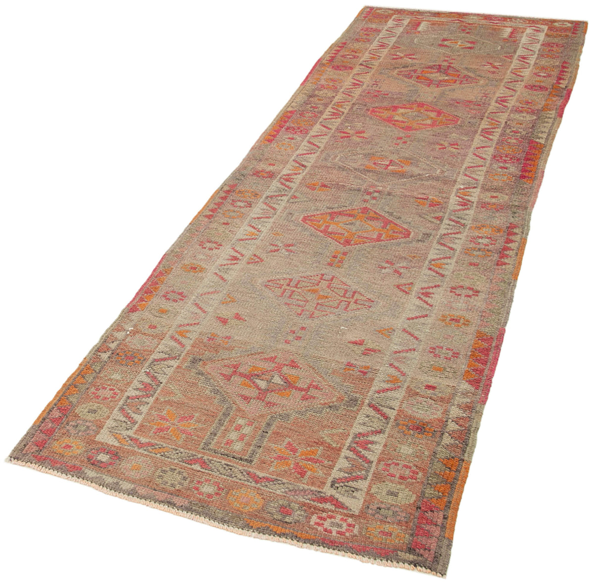 Zolvo Gri Turuncu Etnik Geometrik El Dokuma Yün Yolluk 92x297 cm – doku yakın çekim