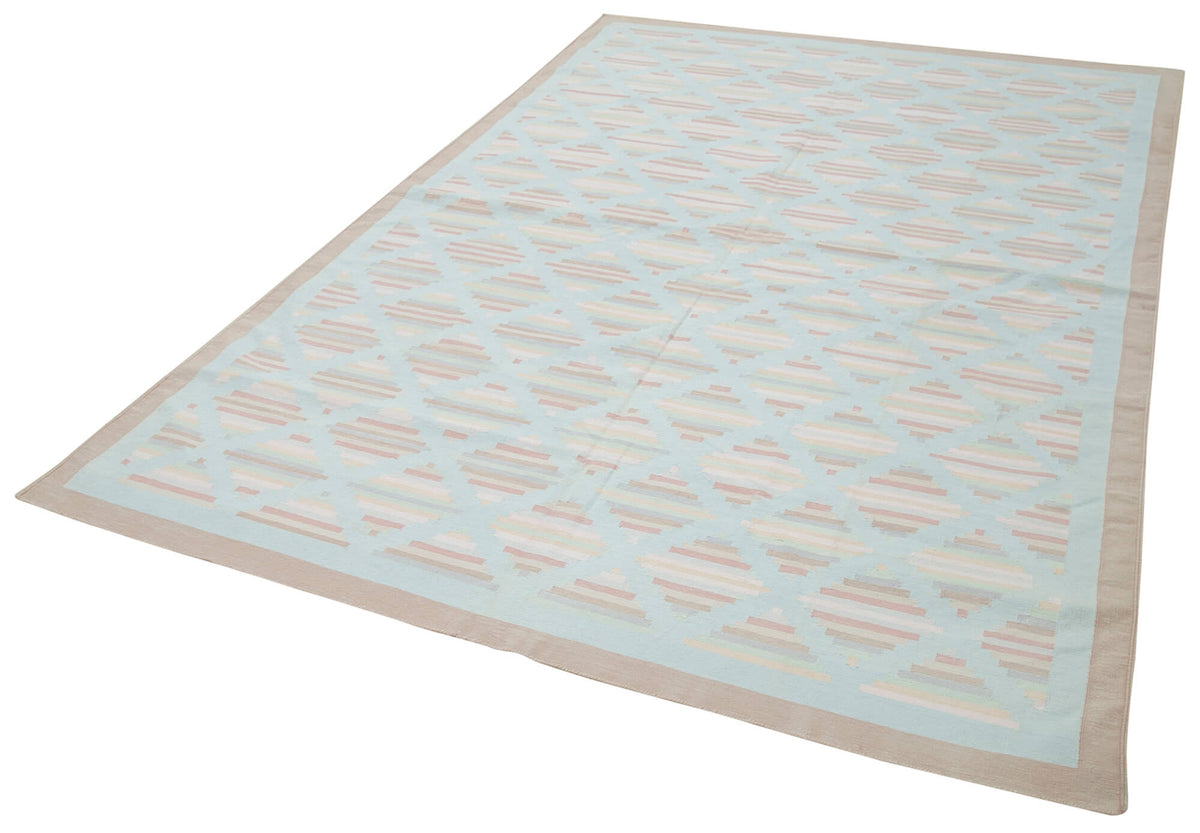 Navamo Dokuma Modern Bej ve Turkuaz Bordürlü Kilim 183x269 cm 38264 – doku yakın çekim