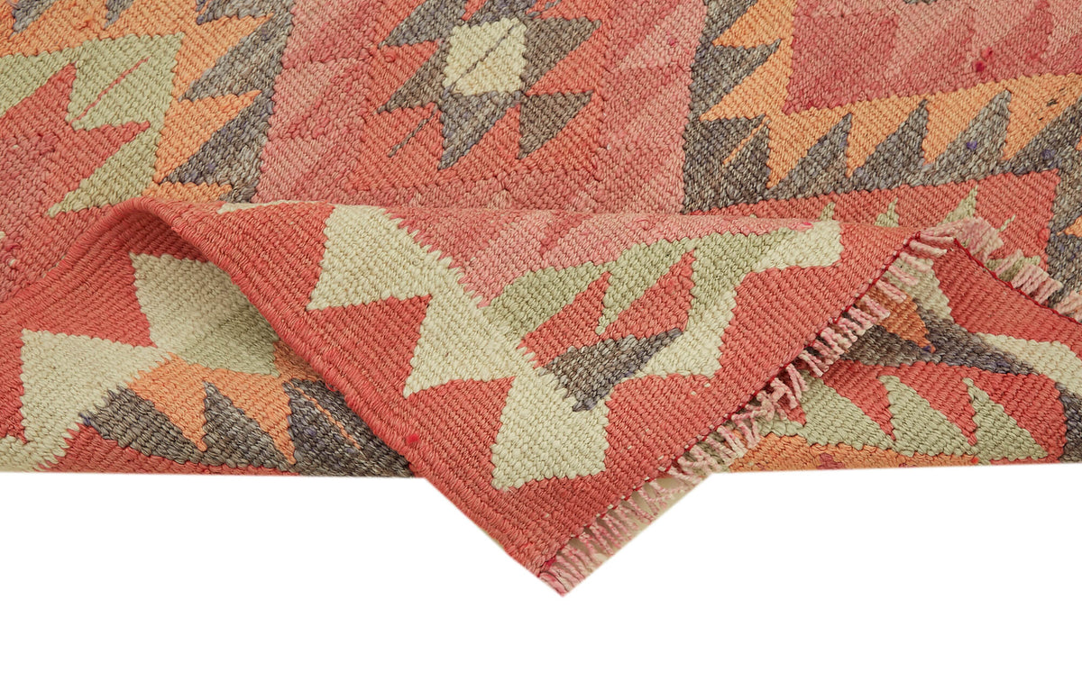 Razka Turuncu Bej Geometrik Desenli Yün Pamuk Kilim Yolluk 96x315 cm – kenar detayı