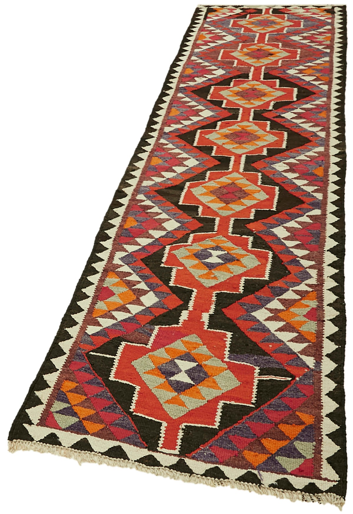 Razka Kahverengi ve Kırmızı Madalyon Desenli Yün Kilim 92x342 cm – doku yakın çekim
