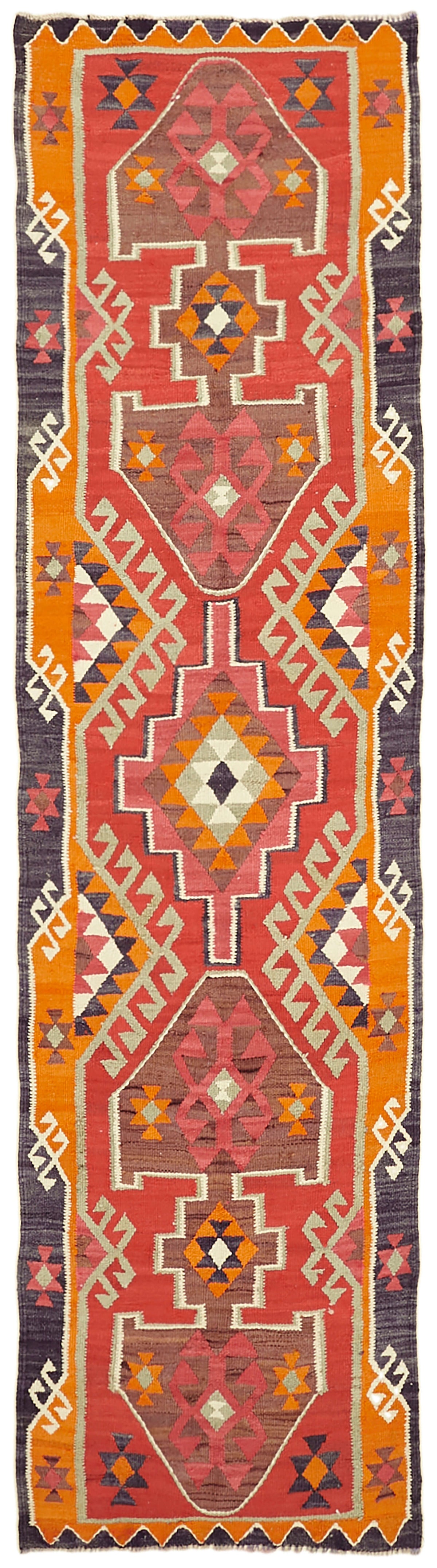 Razka Kırmızı Turuncu Geometrik Desenli Etnik El Dokuma Kilim 98x352 cm