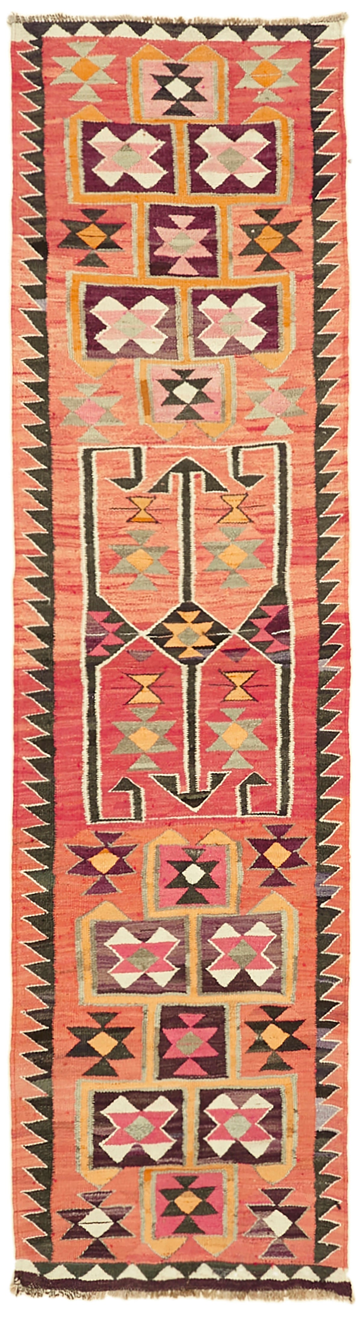 Razka Pembe Mor Etnik Motifli Geometrik Kilim Yolluk 92x335 cm