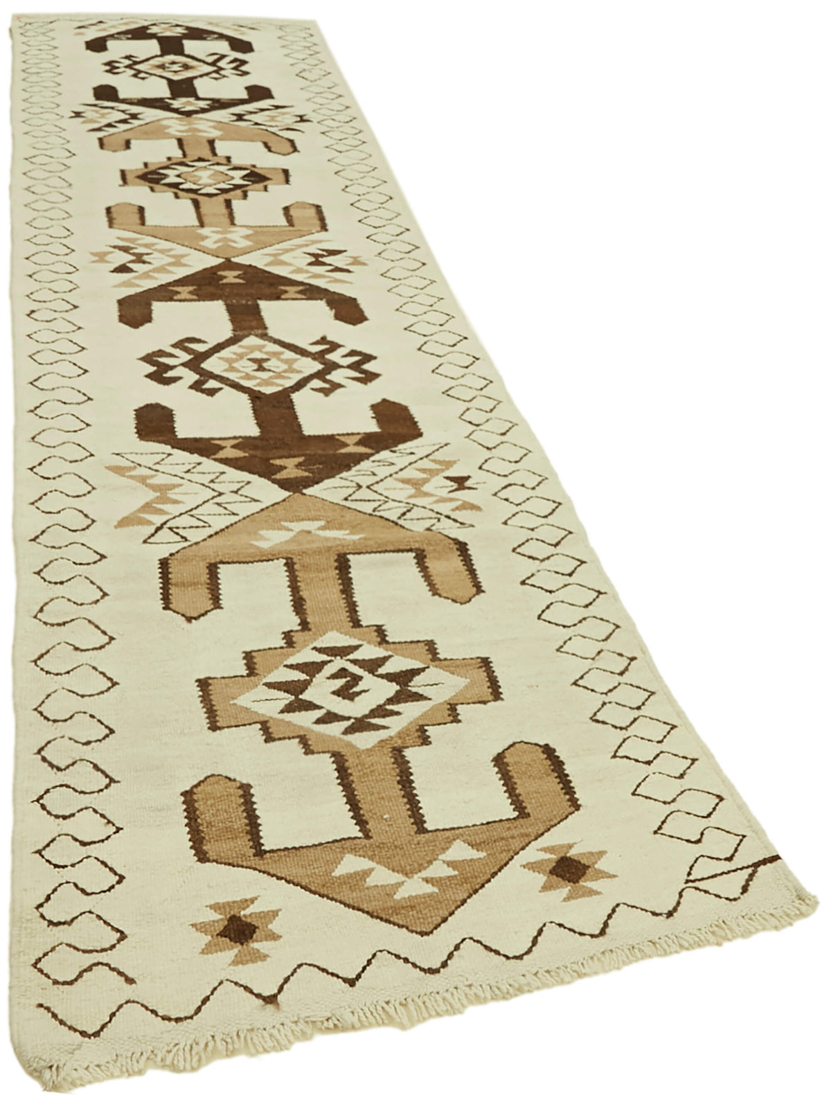Razka Krem Kahverengi Geometrik Desenli Etnik El Dokuma Kilim 95x353 cm – genel görünüm