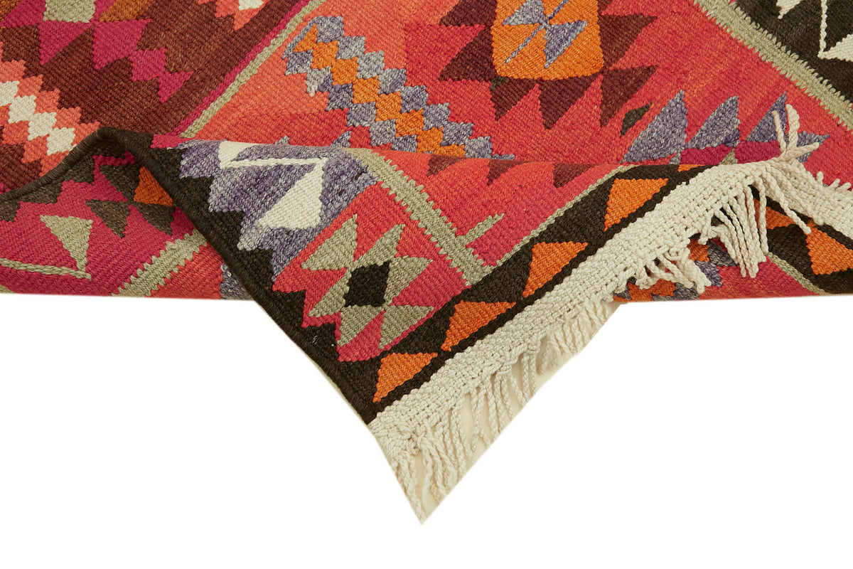 Razka Geometrik Desenli Turuncu Pembe Vintage Kilim Yolluk 92x365 cm – kenar detayı