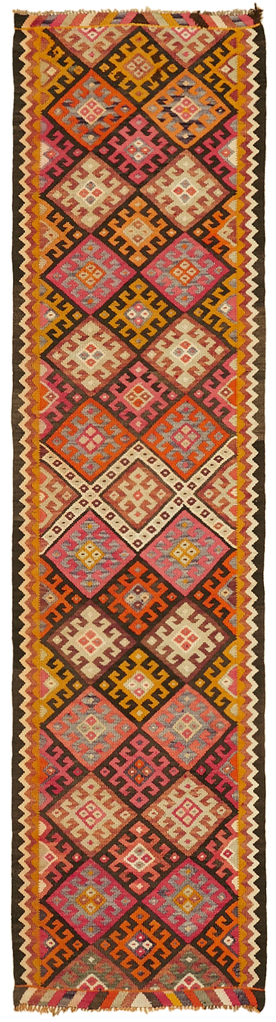 Razka Kahverengi Turuncu Geometrik Etnik Pamuk Yün Kilim 100x380 cm