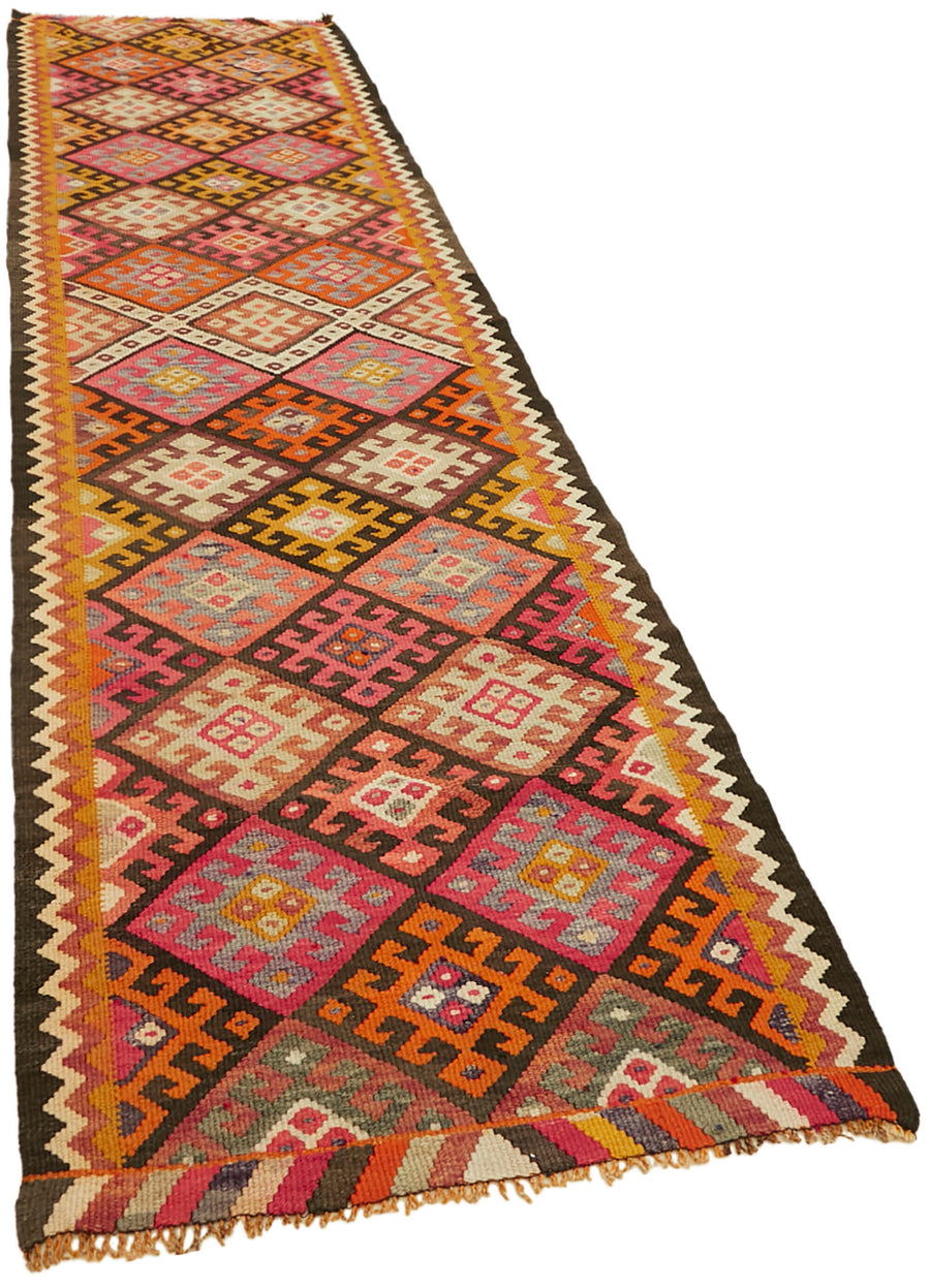 Razka Kahverengi Turuncu Geometrik Etnik Pamuk Yün Kilim 100x380 cm – genel görünüm