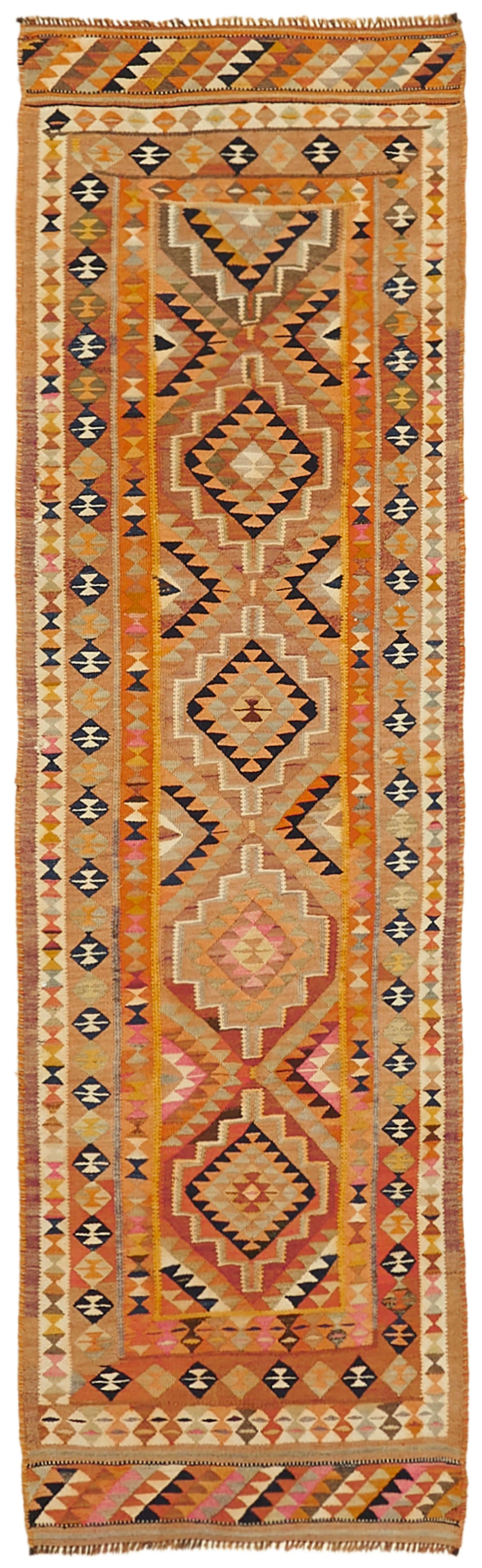 Razka Turuncu Madalyon Desenli Yün ve Pamuk Kilim Yolluk 97x307 cm