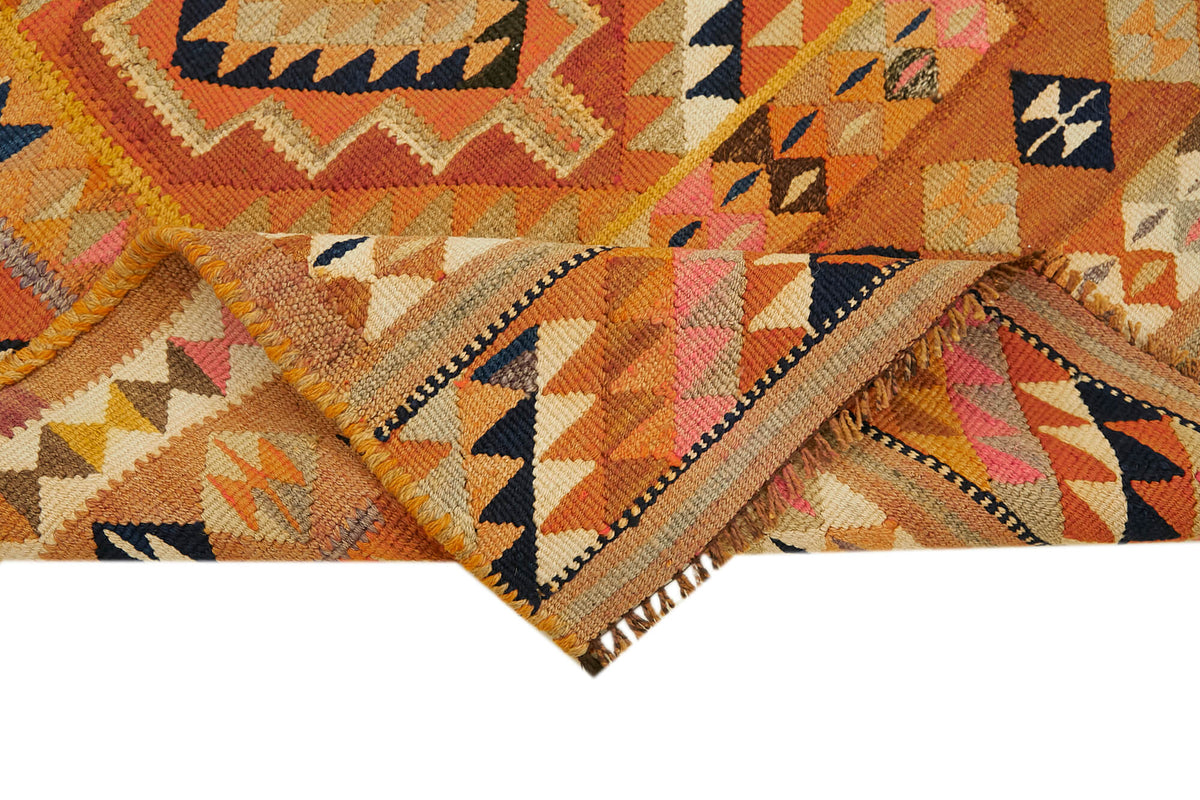 Razka Turuncu Madalyon Desenli Yün ve Pamuk Kilim Yolluk 97x307 cm – kenar detayı