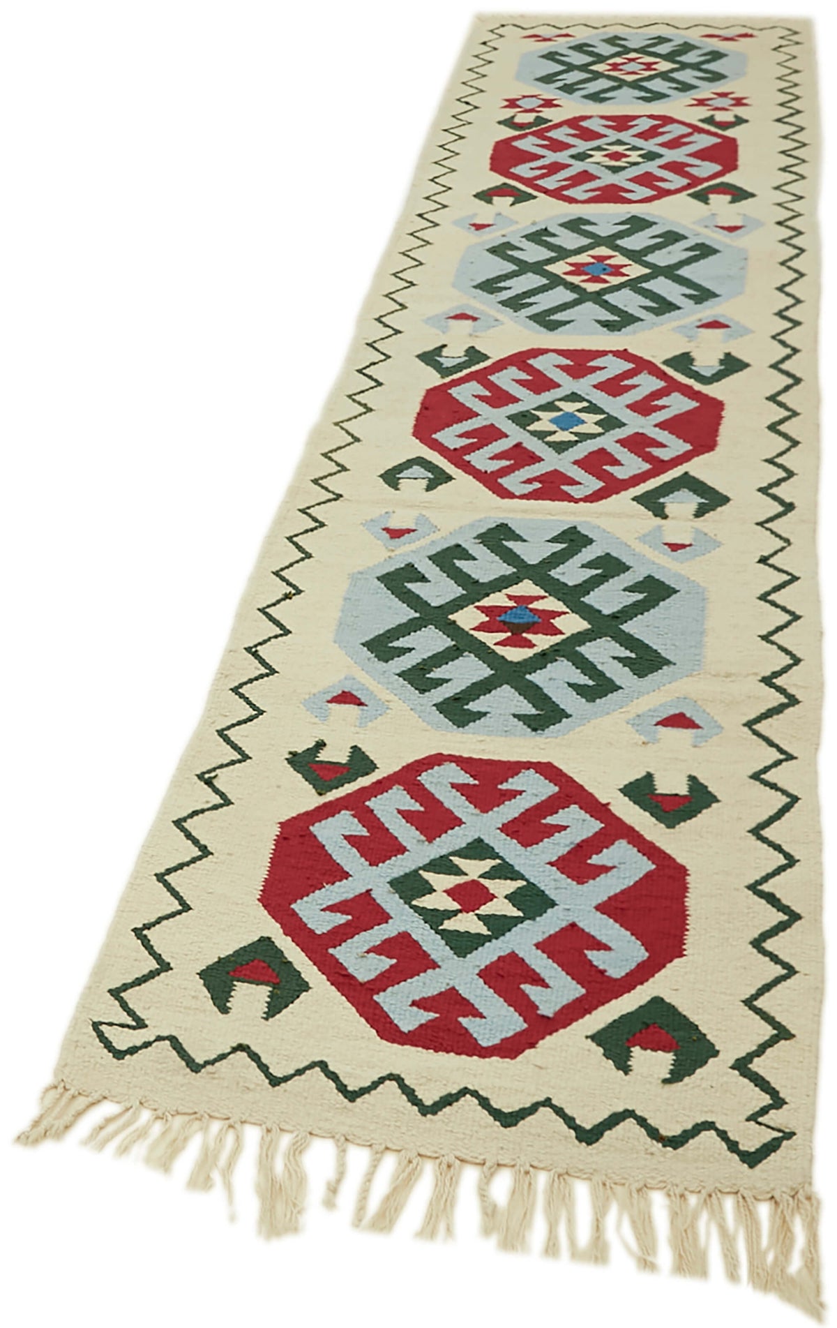 Razka Geometrik Desenli Krem Kırmızı El Dokuma Kilim Yolluk 85x375 cm – doku yakın çekim