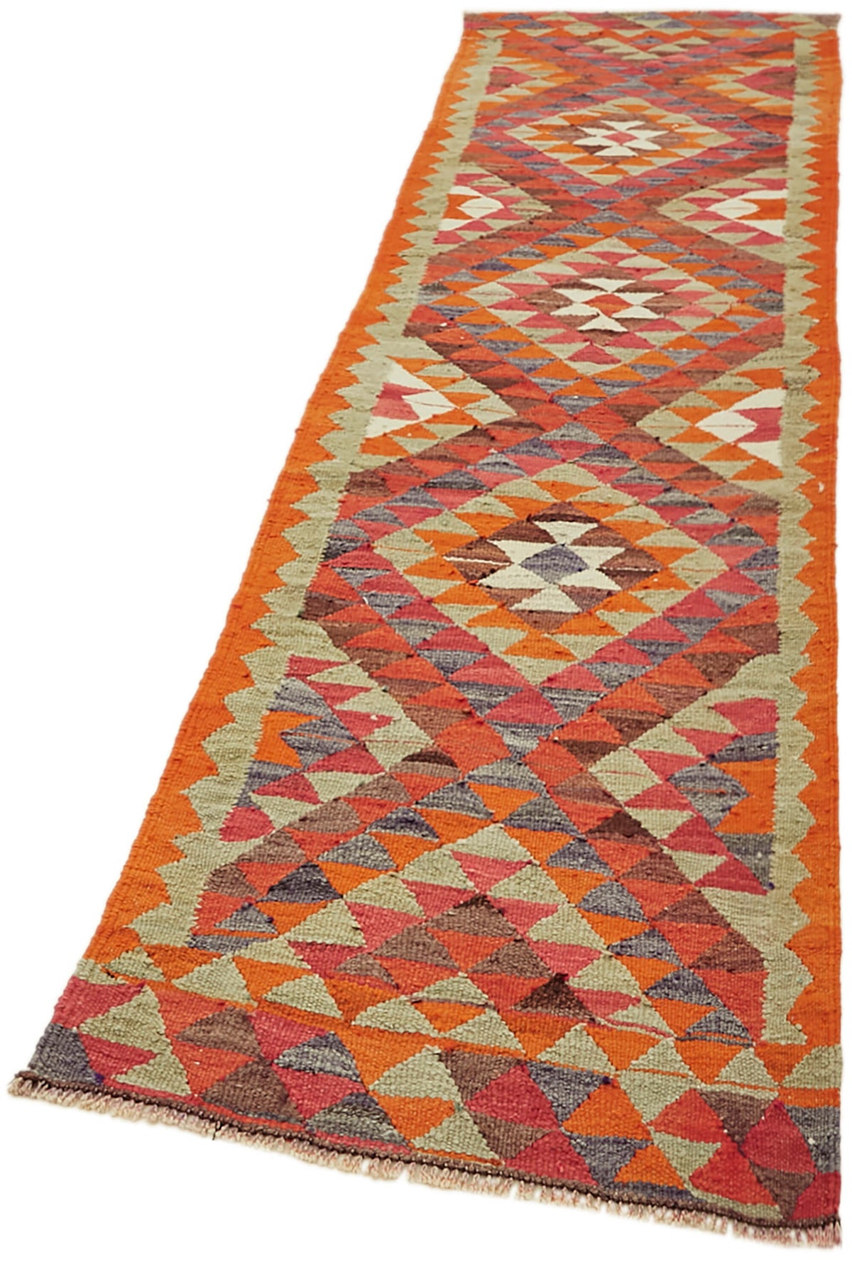 Razka Turuncu Bej Baklava Desenli Yün Geometrik Kilim 86x326 cm – doku yakın çekim