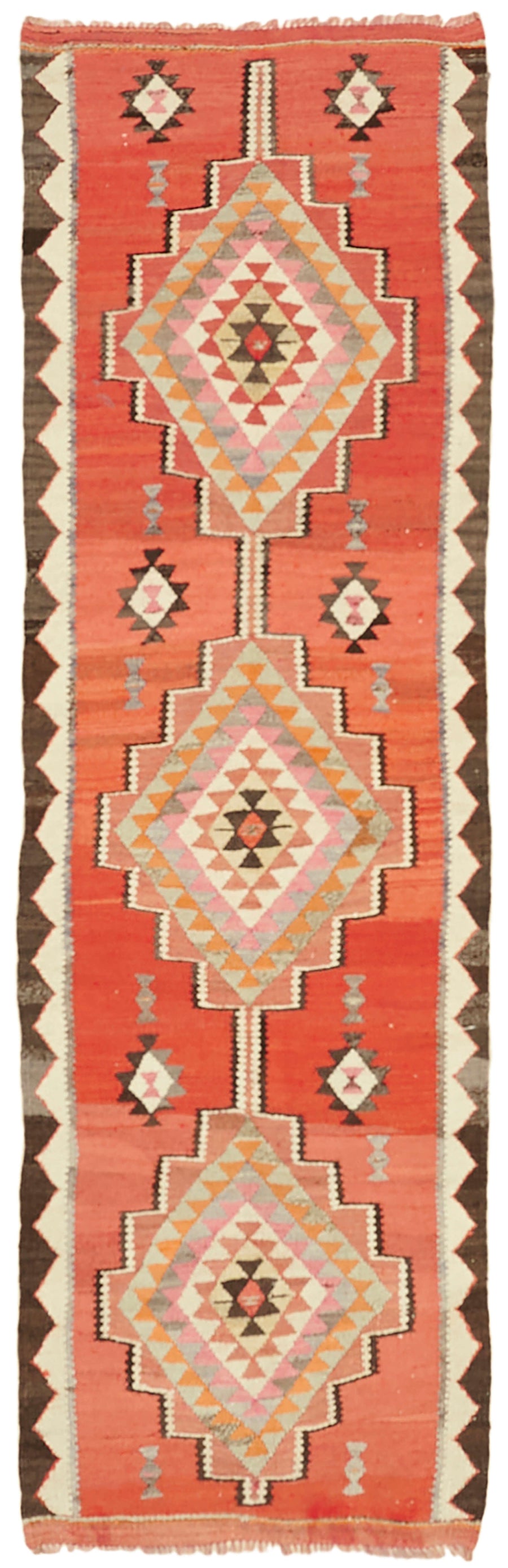 Razka Turuncu Gri Madalyon Desenli Geometrik El Dokuma Kilim 88x277 cm