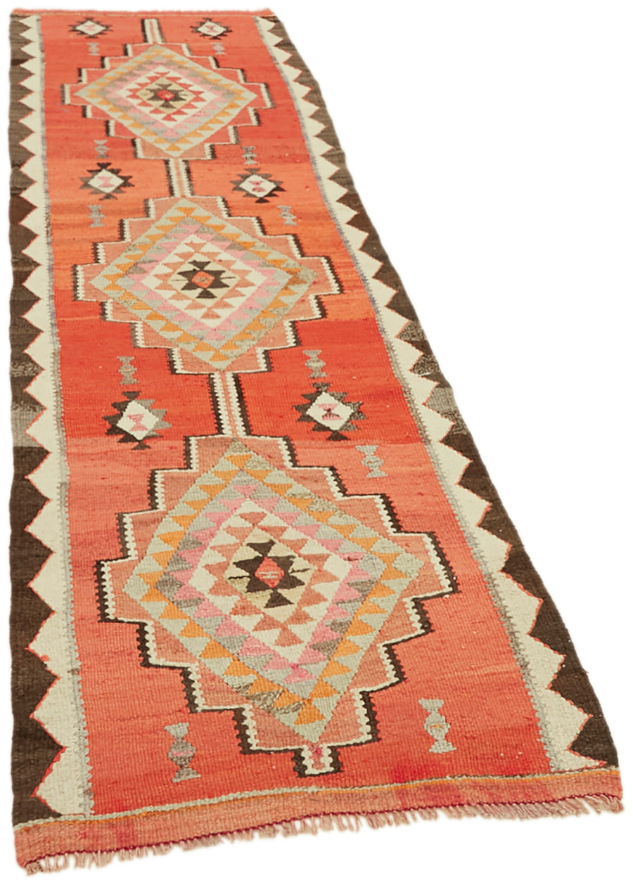 Razka Turuncu Gri Madalyon Desenli Geometrik El Dokuma Kilim 88x277 cm – genel görünüm