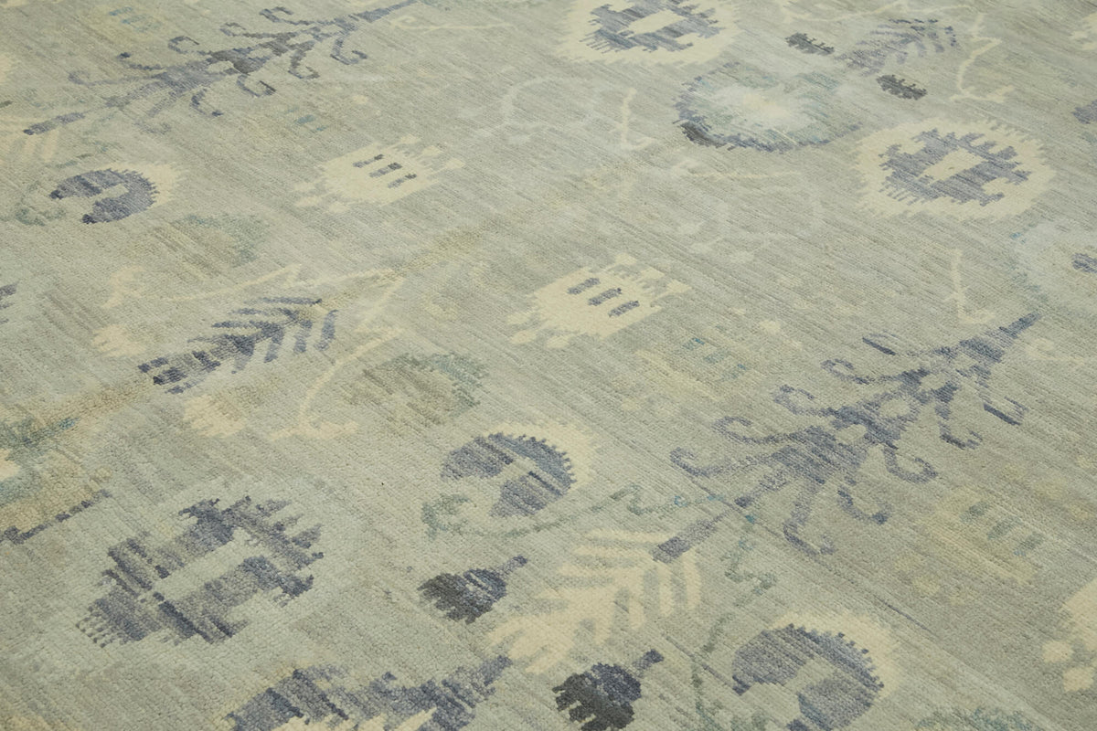 Nivro El Dokuma Açık Gri Lacivert Geometrik Desenli Vintage Halı 273x361 cm – mekânda kullanım