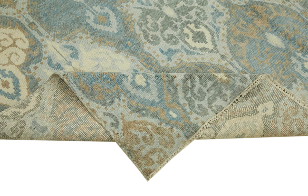 Nivro Madalyon Desenli Mavi Bej Vintage El Dokuma Halı 245x327 cm – kenar detayı