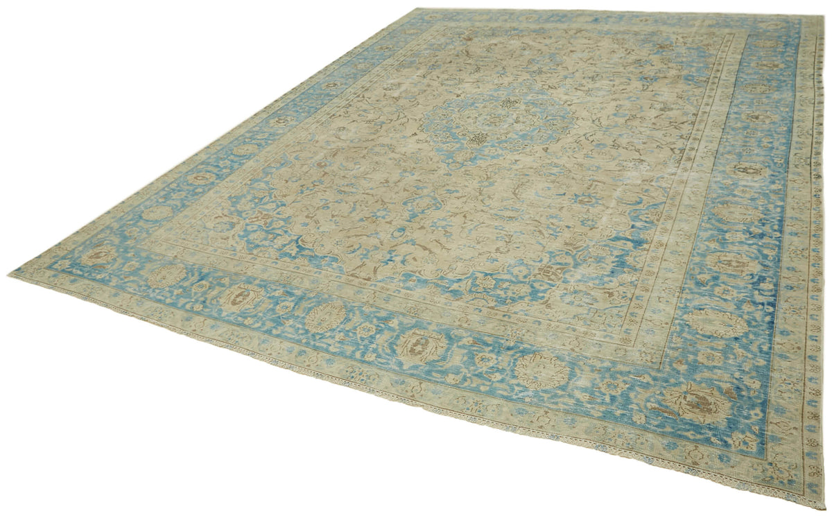 Rusvo Bej Halı Mavi Madalyon Desenli Vintage 314x387 cm – doku yakın çekim