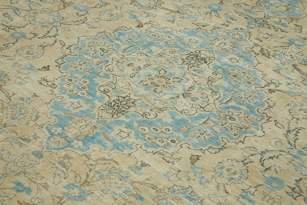 Rusvo Bej Halı Mavi Madalyon Desenli Vintage 314x387 cm – mekânda kullanım