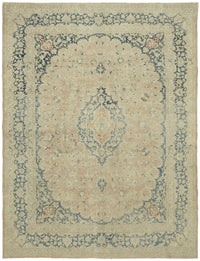Rusvo Bej Mavi Klasik Madalyon El Dokuma Vintage Halı 305x390 cm