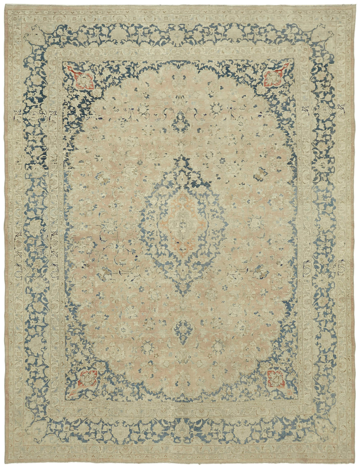 Rusvo Bej Mavi Klasik Madalyon El Dokuma Vintage Halı 305x390 cm