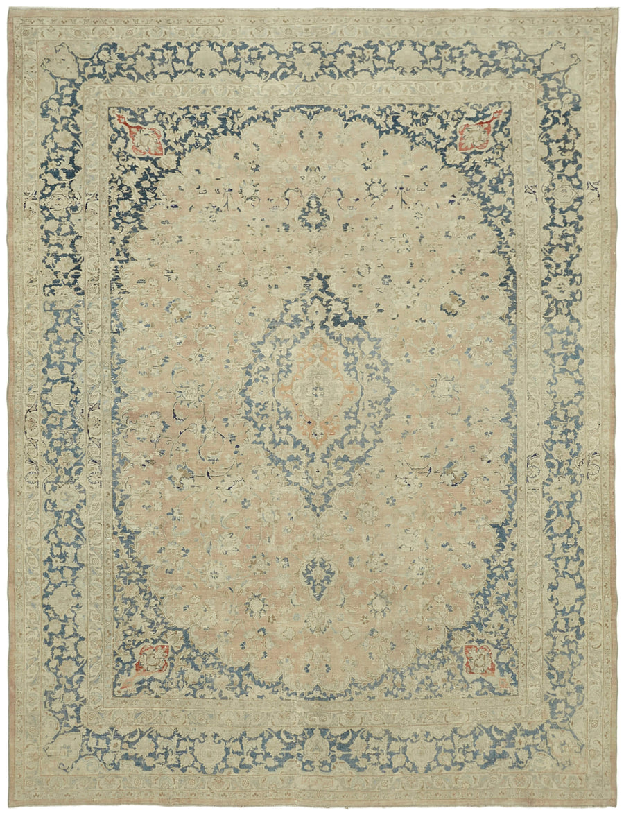 Rusvo Bej Mavi Klasik Madalyon El Dokuma Vintage Halı 305x390 cm