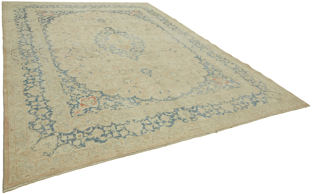 Rusvo Bej Mavi Klasik Madalyon El Dokuma Vintage Halı 305x390 cm – genel görünüm