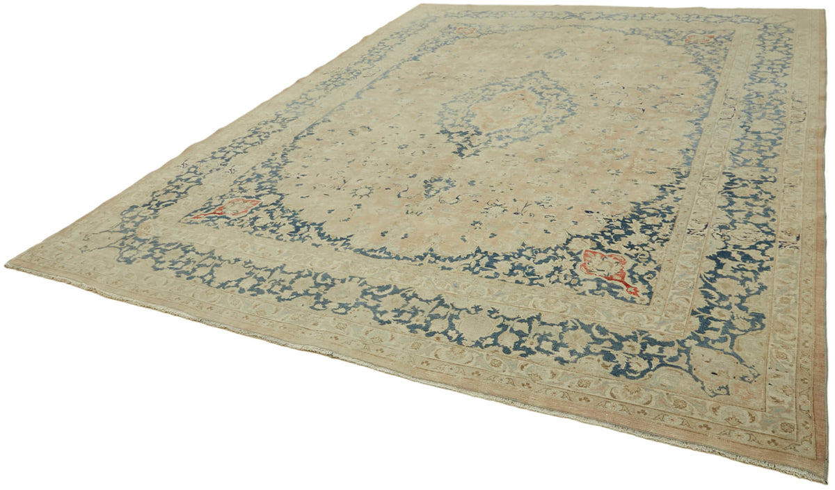 Rusvo Bej Mavi Klasik Madalyon El Dokuma Vintage Halı 305x390 cm – doku yakın çekim