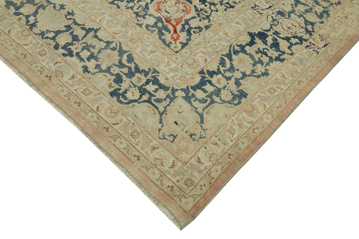 Rusvo Bej Mavi Klasik Madalyon El Dokuma Vintage Halı 305x390 cm – detay görünümü