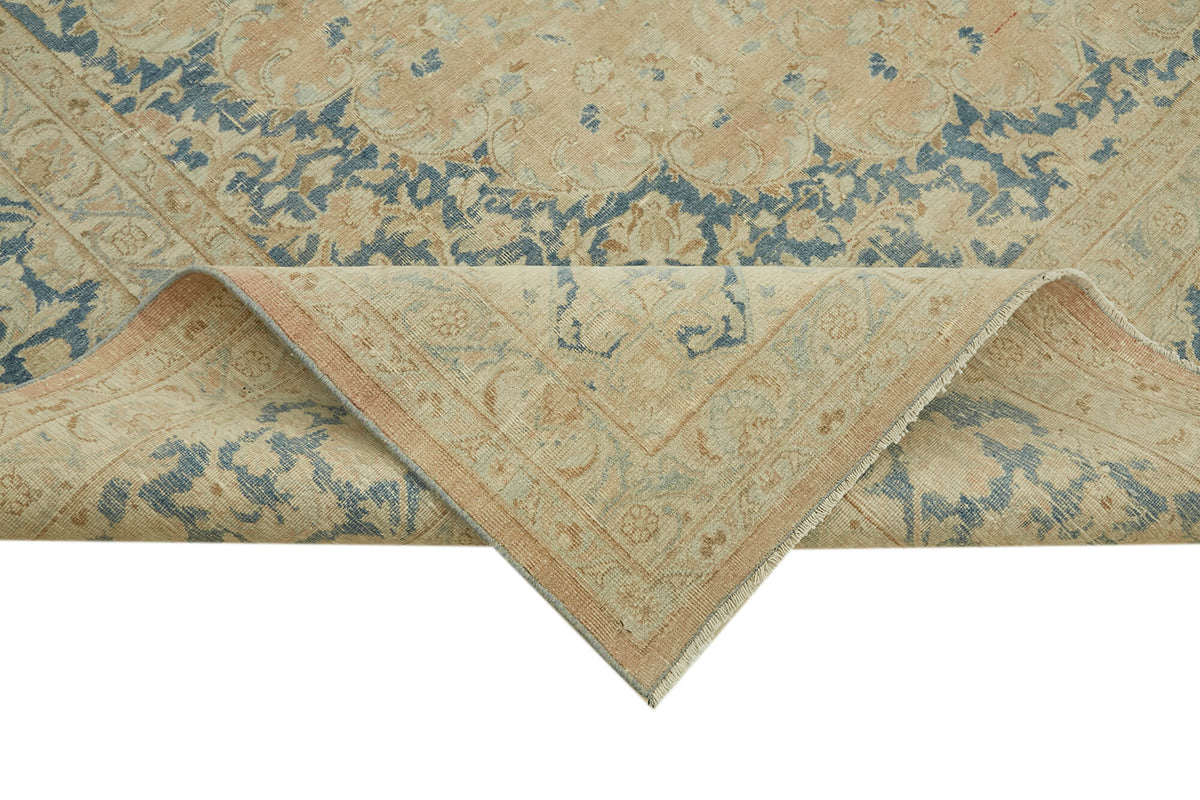 Rusvo Bej Mavi Klasik Madalyon El Dokuma Vintage Halı 305x390 cm – kenar detayı