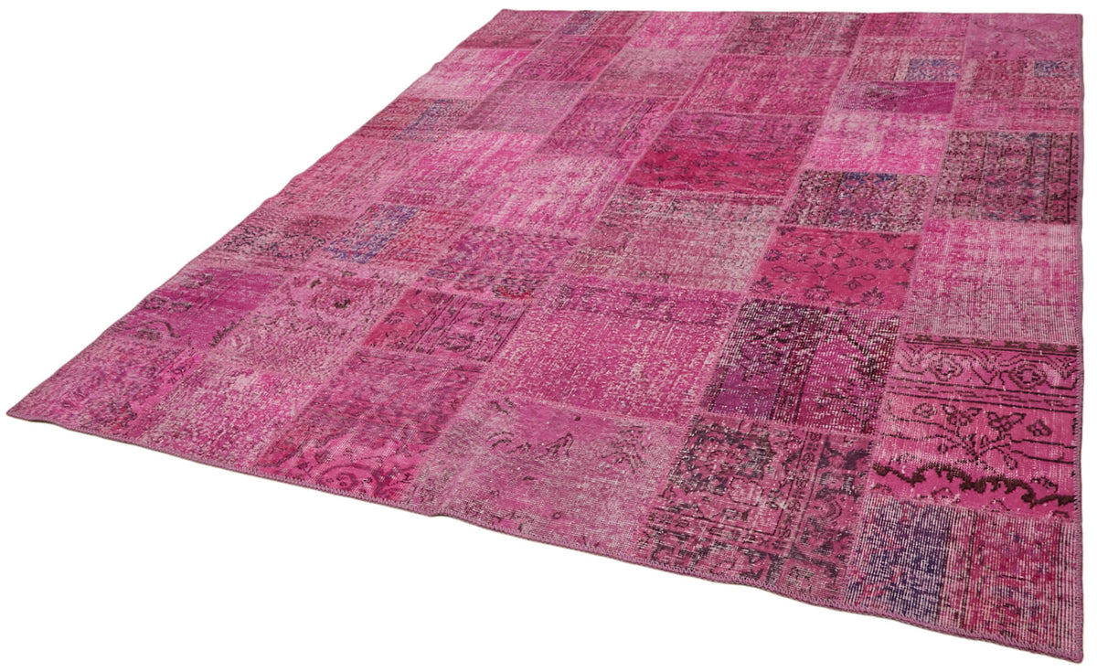 Razik Pembe Patchwork Desenli Modern El Dokuma Halı 250x300 cm – doku yakın çekim