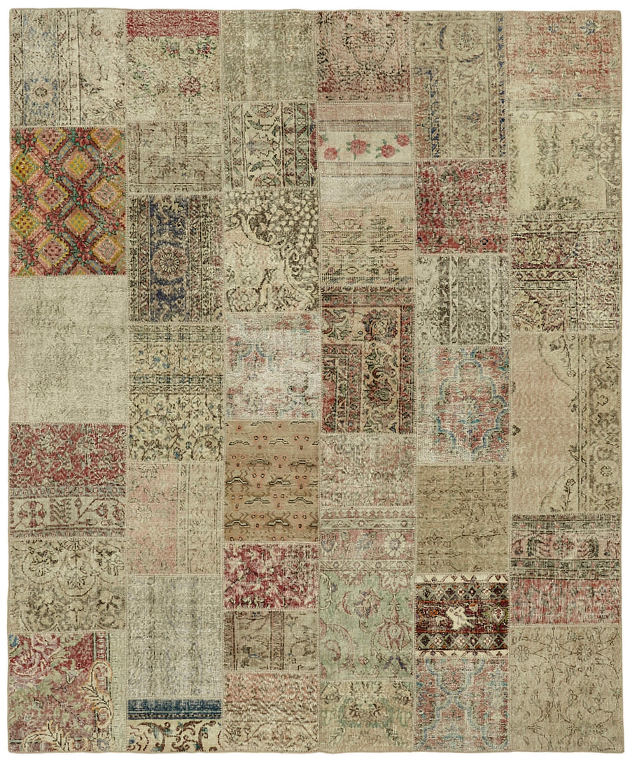 Razik Bej ve Gri Tonlarda Çok Renkli Patchwork Yün Halı 252x300 cm