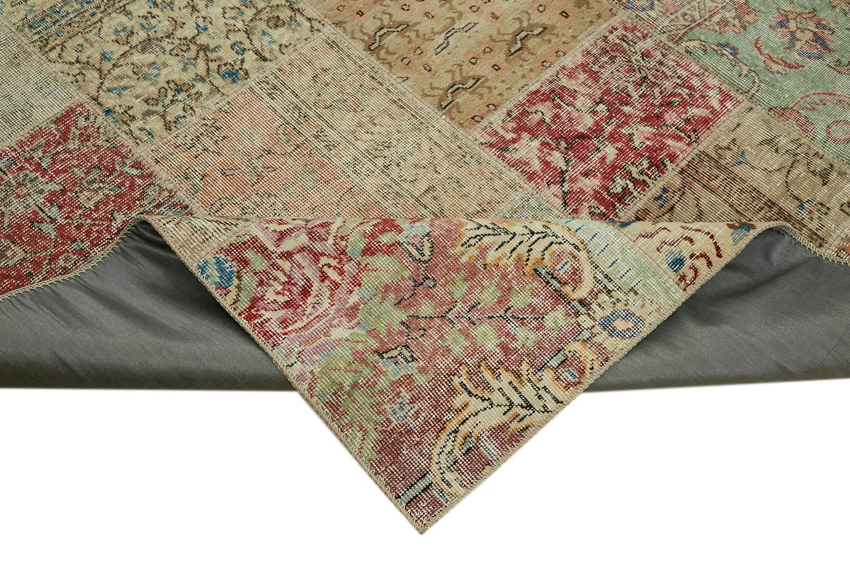 Razik Bej ve Gri Tonlarda Çok Renkli Patchwork Yün Halı 252x300 cm – kenar detayı
