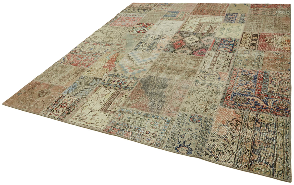 Razik Çok Renkli Patchwork Yün El Dokuma Bej Halı 250x300 cm – doku yakın çekim