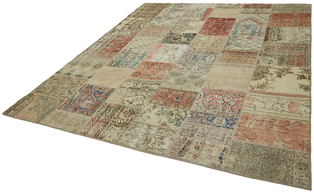 Razik Bej Pembe Gri Modern Patchwork Yün Halı 250x300 cm – doku yakın çekim