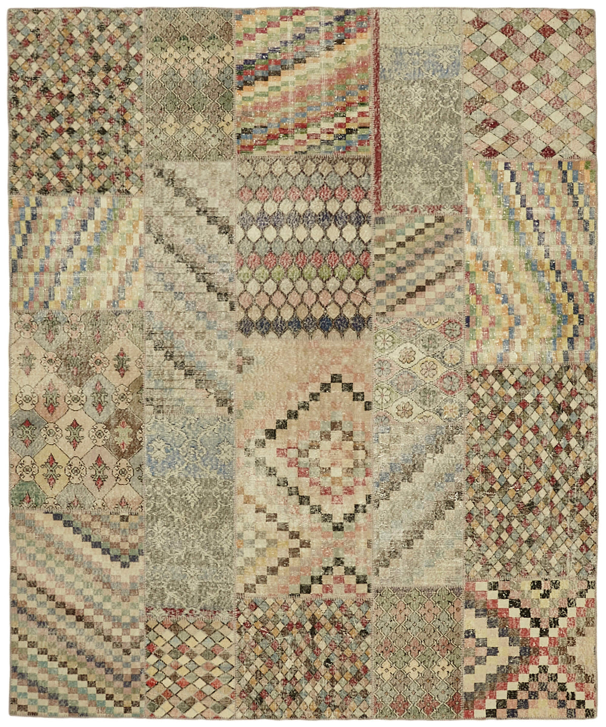 Razik Bej ve Çok Renkli Geometrik Desenli Yün Patchwork Halı 250x300 cm