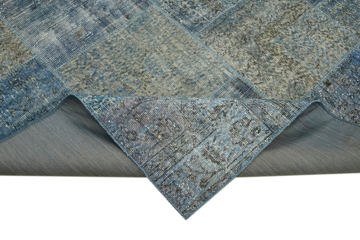 Ruzim Mavi Gri Patchwork Modern El Dokuma Halı 251x351 cm – kenar detayı