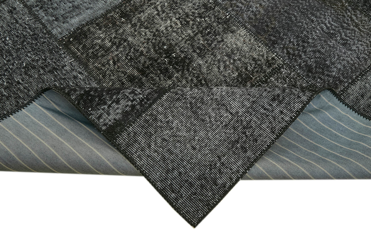 Ruzim Siyah Gri Patchwork Geometrik Desenli El Dokuma Halı 246x350 cm – kenar detayı