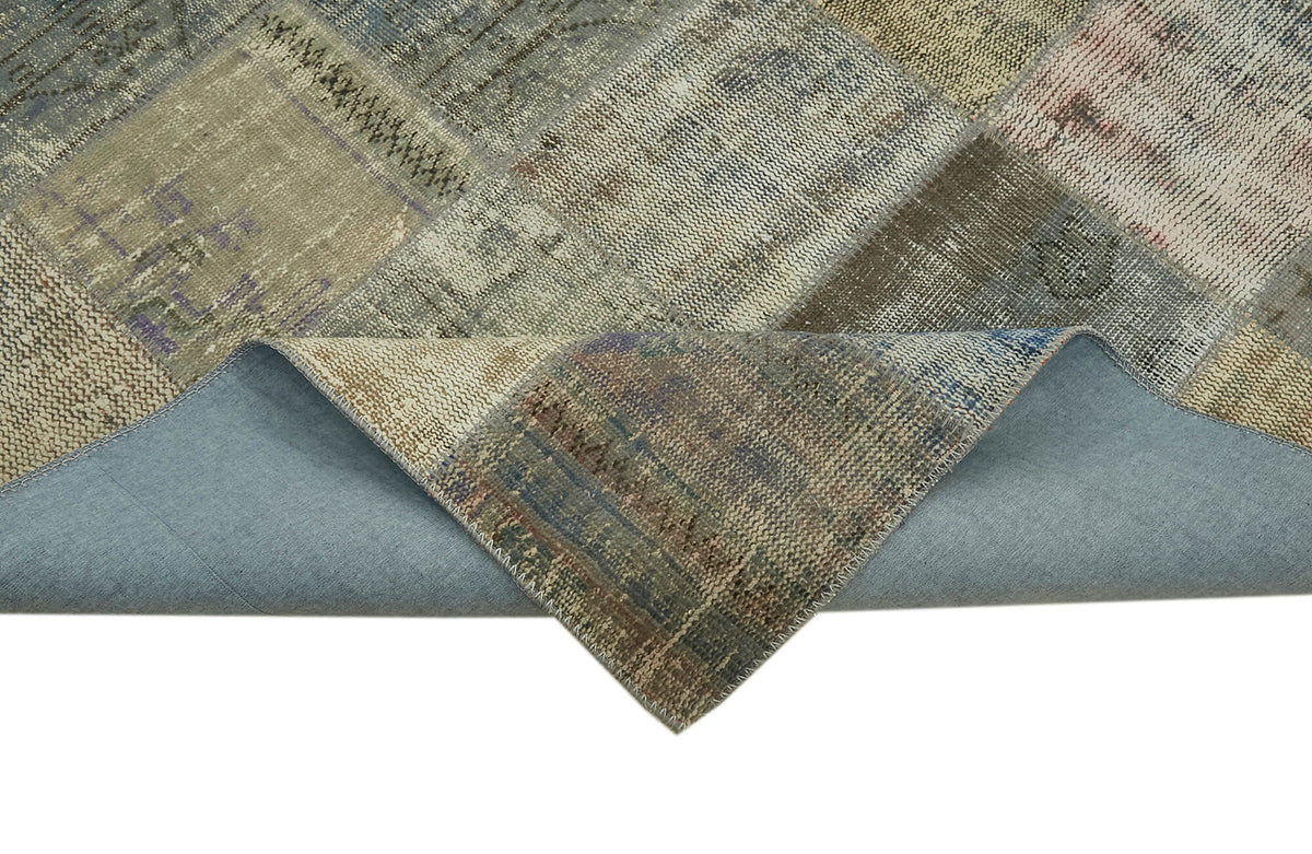 Ruzim Geometrik Desenli Gri ve Bej Rengi Vintage Patchwork Halı 250x340 cm – kenar detayı