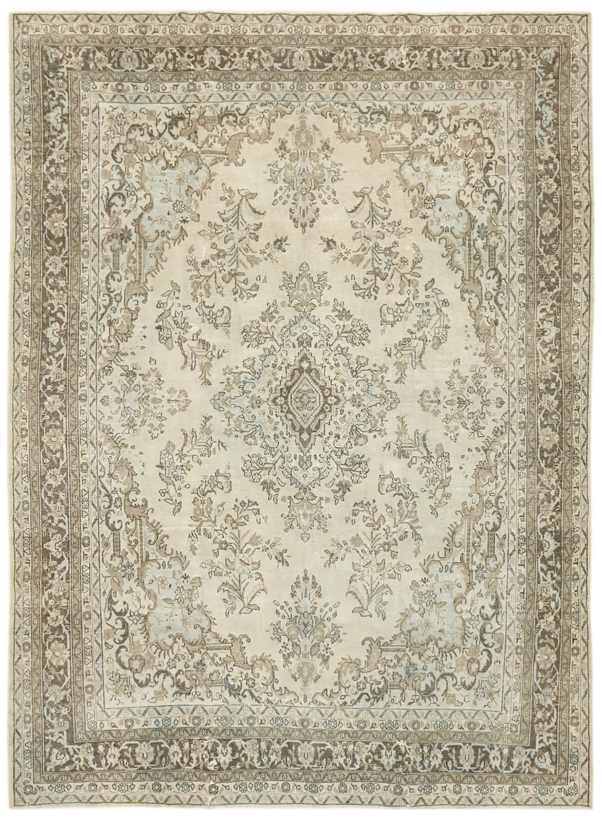 Rusvo Bej ve Açık Kahverengi Madalyonlu Vintage Yün Halı 305x400 cm