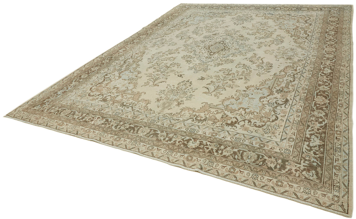 Rusvo Bej ve Açık Kahverengi Madalyonlu Vintage Yün Halı 305x400 cm – doku yakın çekim