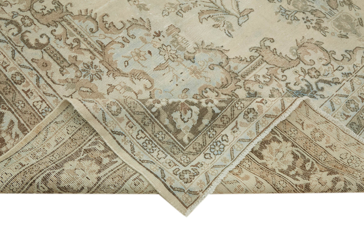 Rusvo Bej ve Açık Kahverengi Madalyonlu Vintage Yün Halı 305x400 cm – kenar detayı