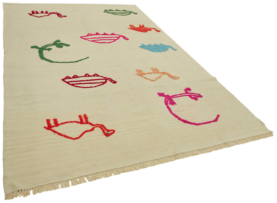 Velmo Bej Çok Renkli Hayvan Figürlü Modern Pamuk Yün El Dokuma Halı 228x343 cm – genel görünüm