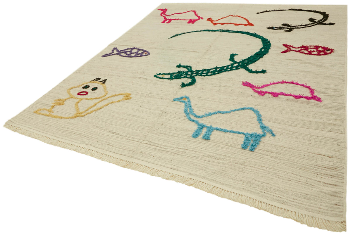 Velmo Hayvan Figürlü Ekru ve Çok Renkli El Dokuma Halı 238x308 cm – doku yakın çekim