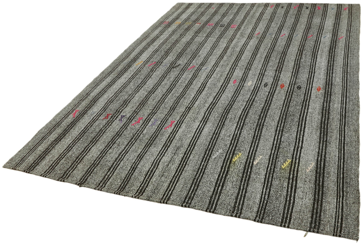 Kadex Gri Lacivert Çizgili Pamuk Yün Modern Kilim 197x282 cm – doku yakın çekim