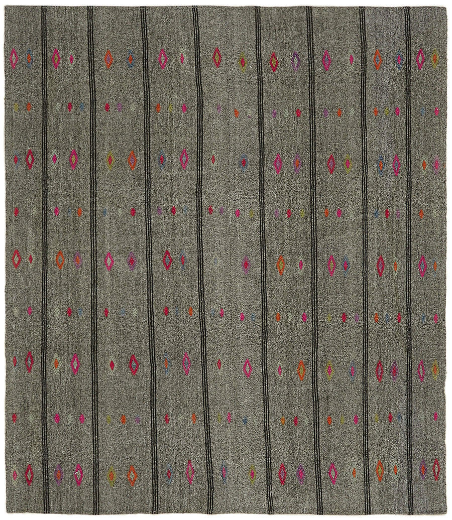 Kadex Siyah Gri Geometrik Desenli Çok Renkli El Dokuma Kilim 228x263 cm