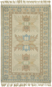 Kavale Bej Mavi Geometrik Desenli Etnik El Dokuma Halı 151x226 cm
